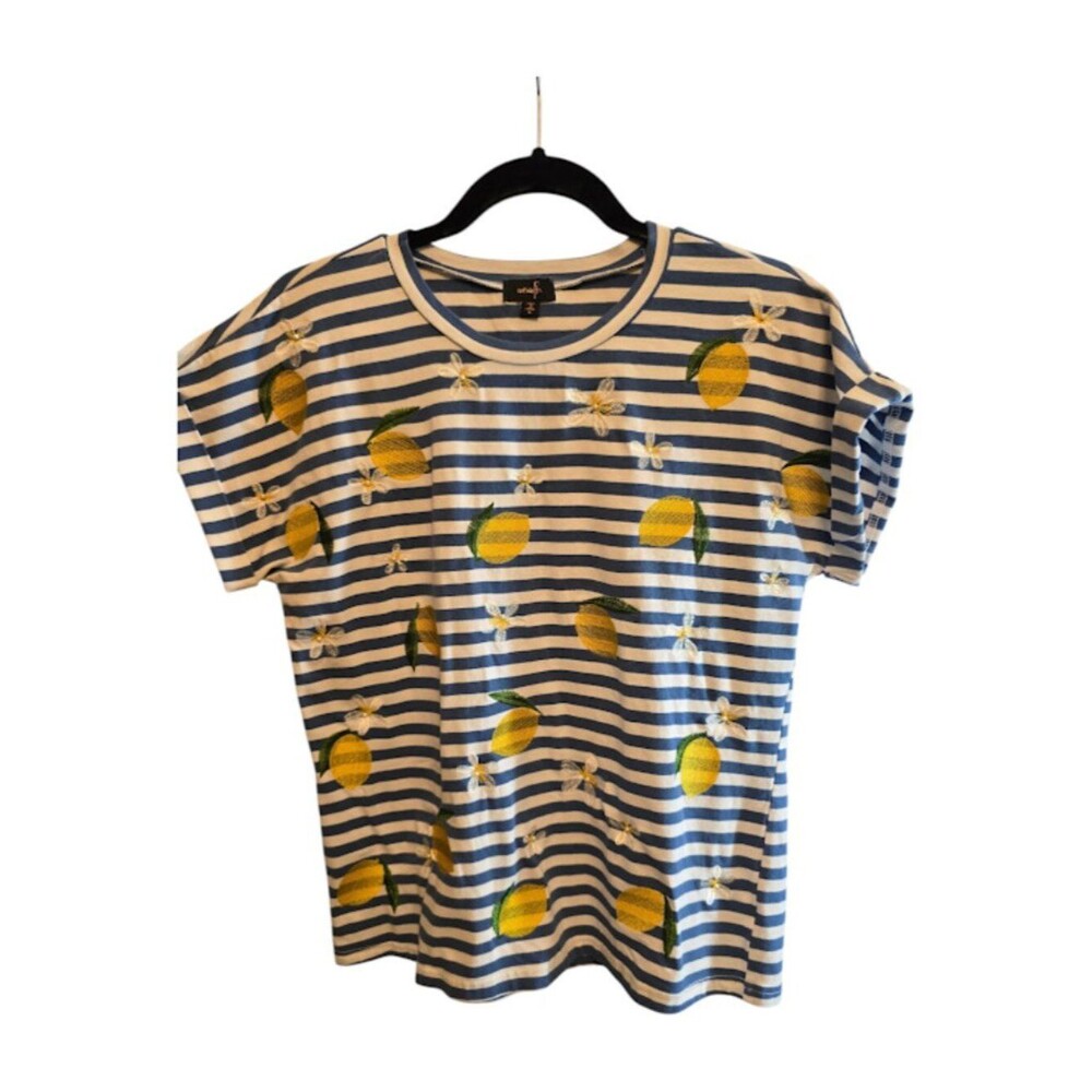 ON TWELFTH COTTON BLEND TSHIRT STRIPED EMBROIDERED PINEAPPLES WITH PEARLS MEDIUM